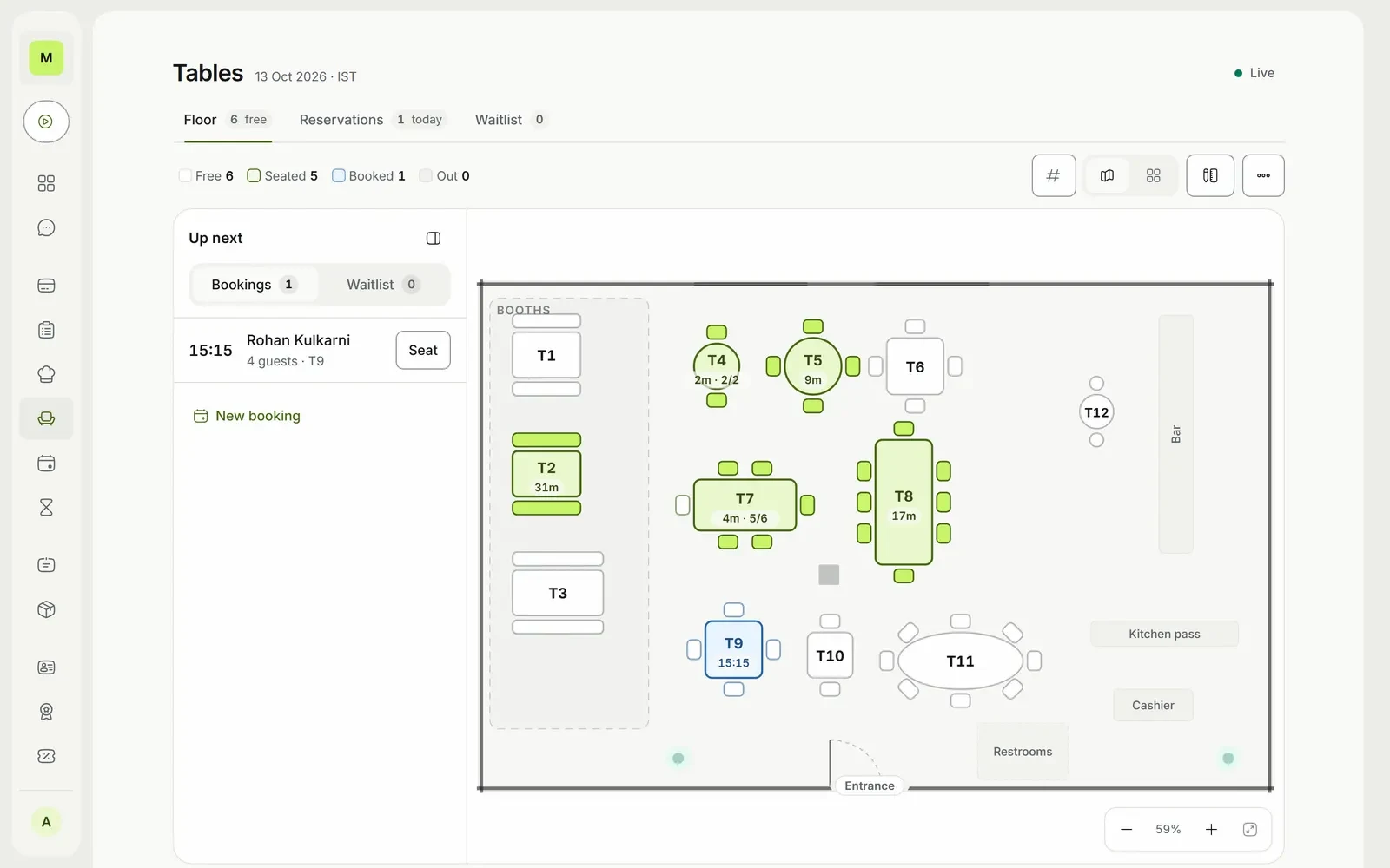 Luna's floor plan with table status and the next booking